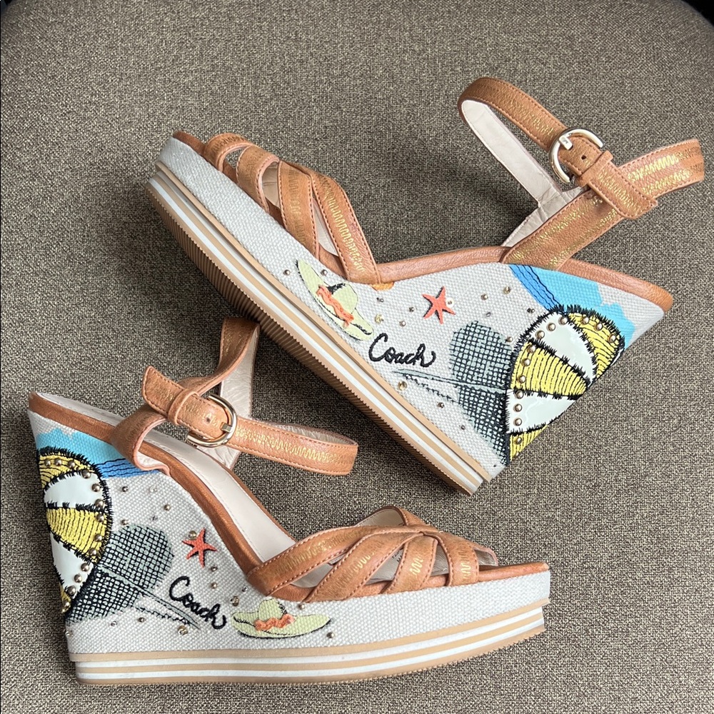 Y2K Coach Caroline Metallic Leather Wedge Espadrille Sandals Size 8.5